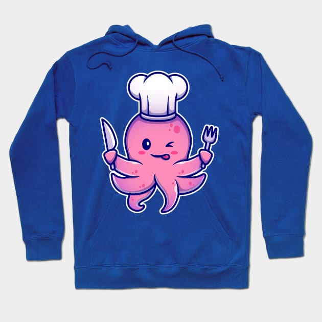 Octopus Chef Holding Knife And Fork Cartoon Hoodie by Catalyst Labs